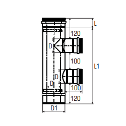 Concentrisch rookkanaal RVS, diameter Ø100-150, T-stuk 90° met dubbele zijuitgang - 2709