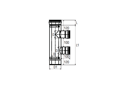 Concentrisch rookkanaal RVS, diameter Ø100-150, T-stuk 90° met dubbele zijuitgang - 2709