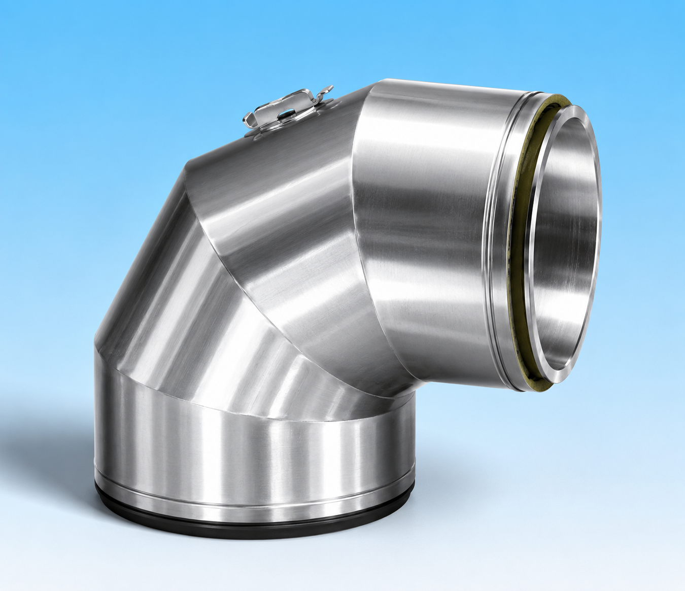 DUBBELWANDIG ROOKKANAAL RVS MET FLENSAANSLUITING, DIAMETER Ø150-200MM, 90° GRADEN BOCHT