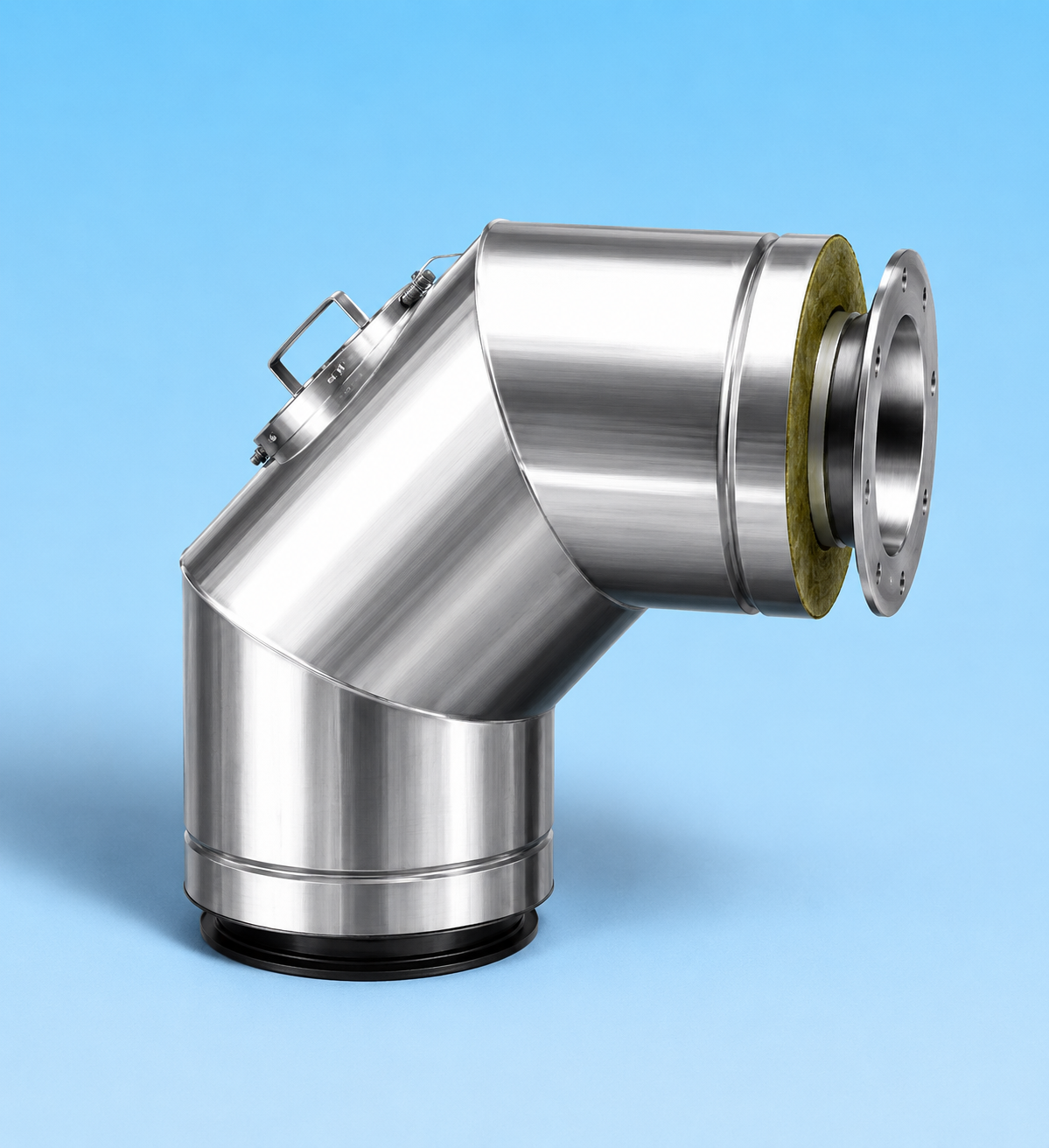 Dubbelwandig rookkanaal RVS met flensaansluiting, diameter Ø180-230mm, 90° graden bocht met inspectieluik