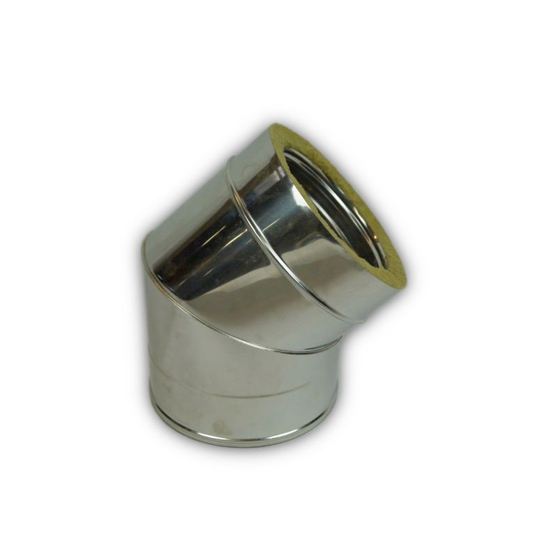 Dubbelwandig rookkanaal RVS, bocht 45° graden, diameter Ø140/190