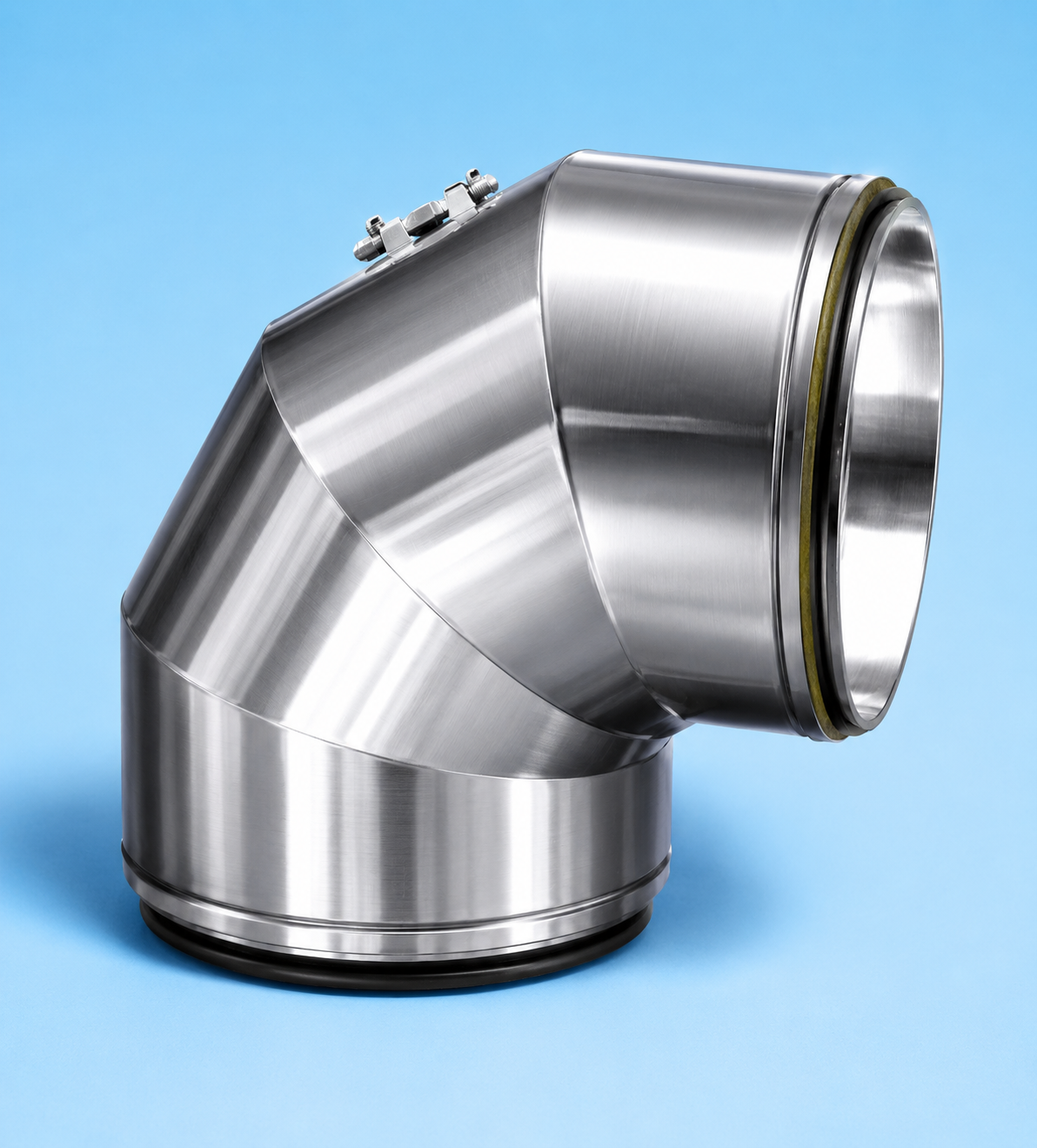 DUBBELWANDIG ROOKKANAAL RVS MET FLENSAANSLUITING, DIAMETER Ø200-250MM, 90° GRADEN BOCHT