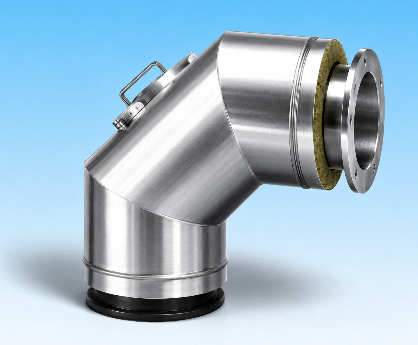 Dubbelwandig rookkanaal RVS met flensaansluiting, diameter Ø150-200mm, 90° graden bocht met inspectieluik