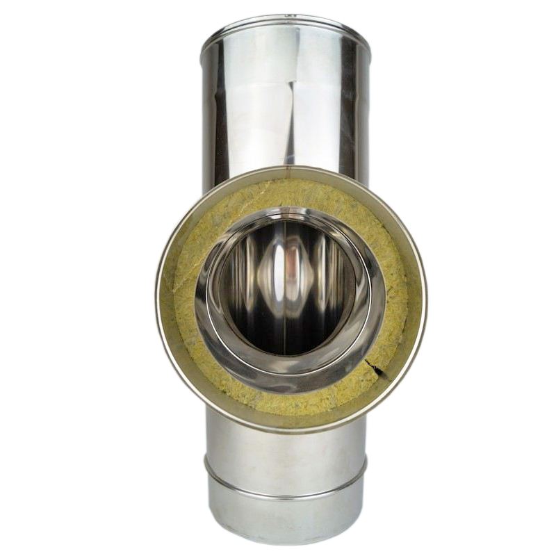 Dubbelwandig rookkanaal INOX, T-stuk 90° graden, diameter Ø130/180 zijuitgang Ø80/130