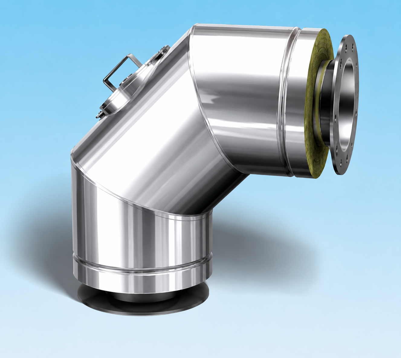 Dubbelwandig rookkanaal RVS met flensaansluiting, diameter Ø250-300mm, 90° graden bocht met inspectieluik