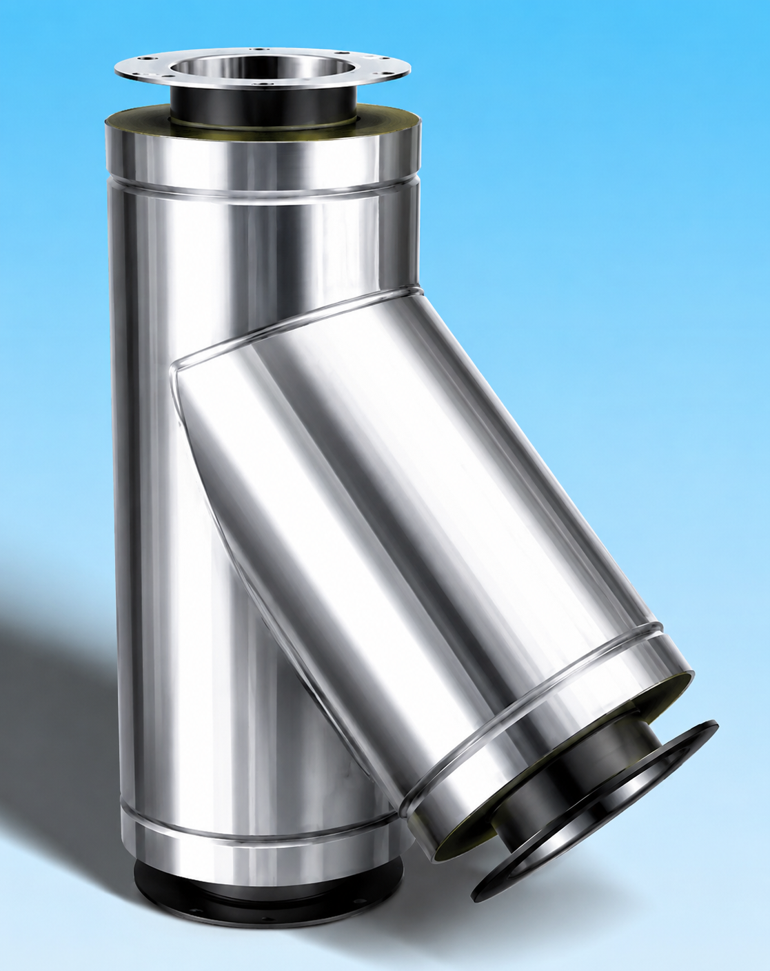 Rookkanaal dubbelwandig RVS met flensaansluiting, diameter Ø180-230mm, T-stuk 135° graden