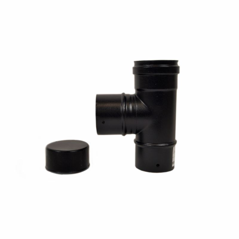 Rookkanaal pelletkachel zwart, T-Stuk 90° + condensatiedop. verloop 100mm – 80mm zijuitgang  (mannelijk)