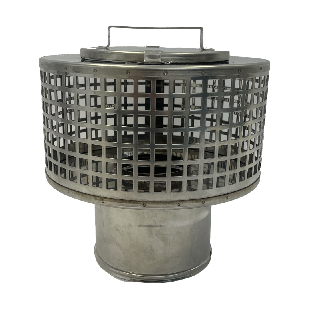 Dubbelwandig rookkanaal RVS, regenkap voor rieten dak met vonkenvanger en veegluik, diameter Ø150-200