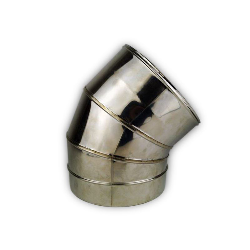 Dubbelwandig rookkanaal RVS, bocht 45° graden 3-segment, diameter Ø80-130
