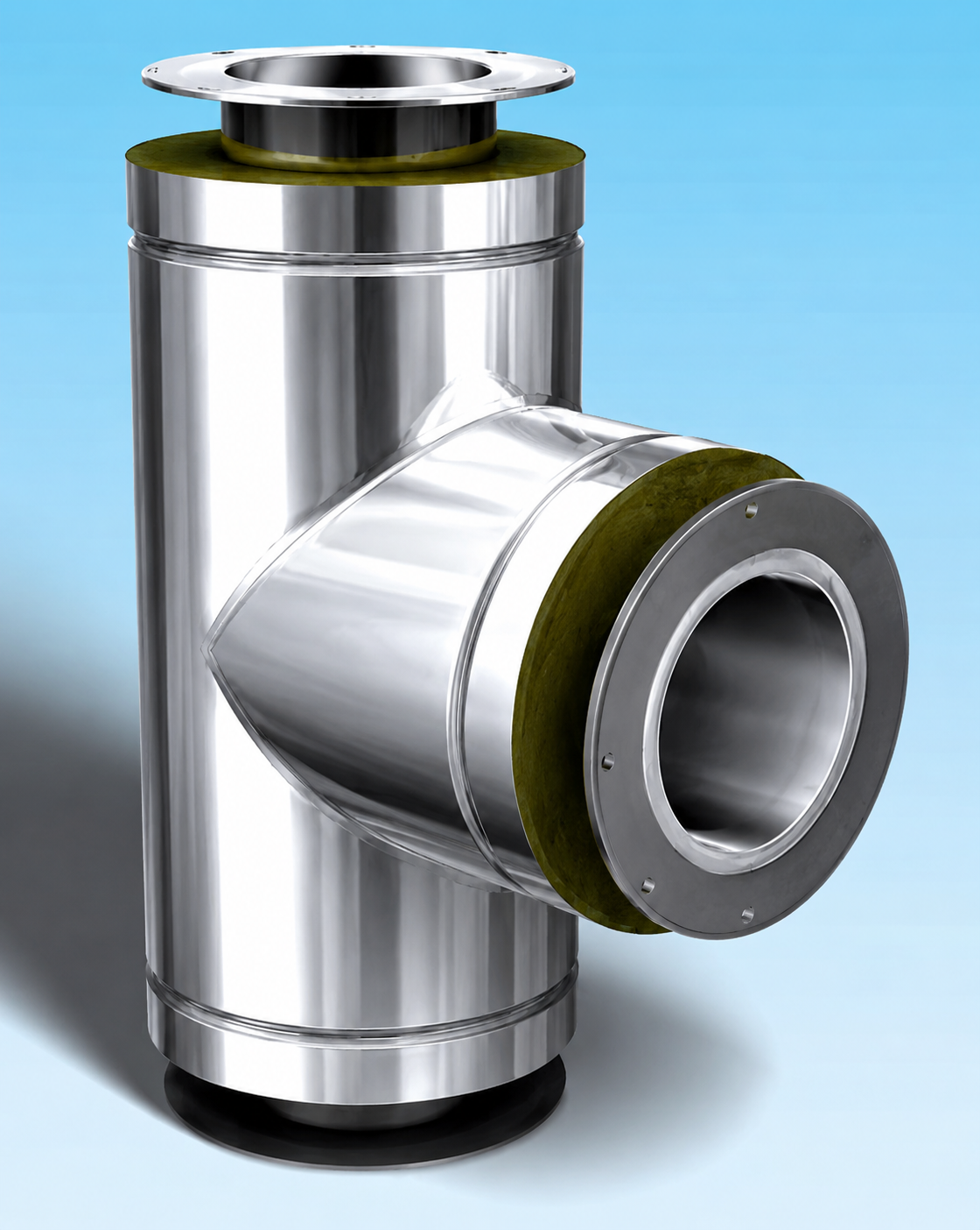 Dubbelwandig rookkanaal RVS met flensaansluiting, diameter Ø250-300mm, T-stuk 90° graden